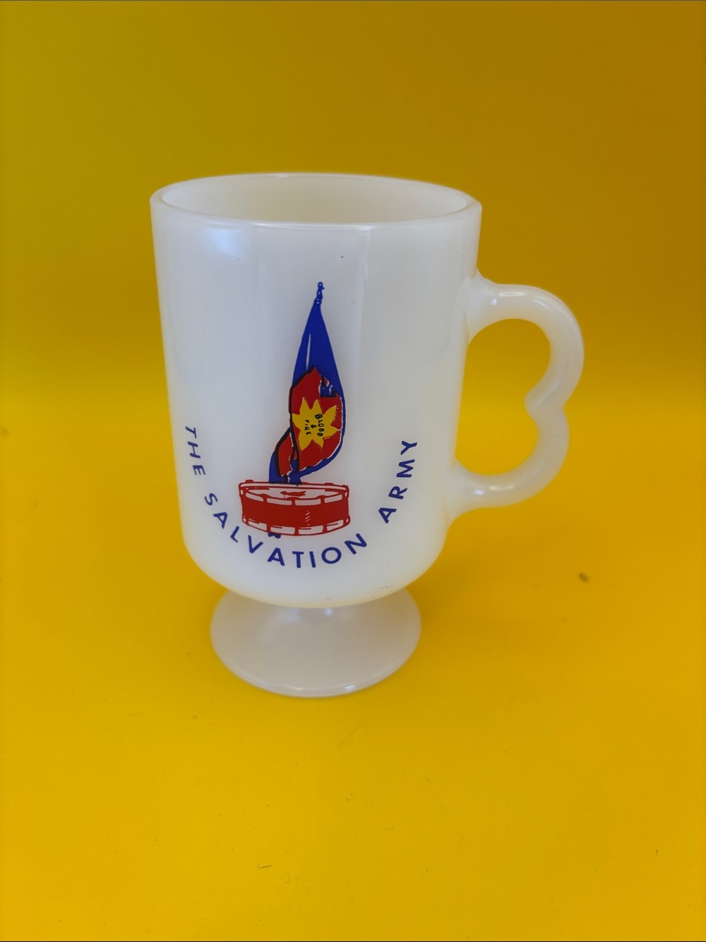 The Salvation Army Milk Glass Pedestal Mug - White with Red & Blue Emblem